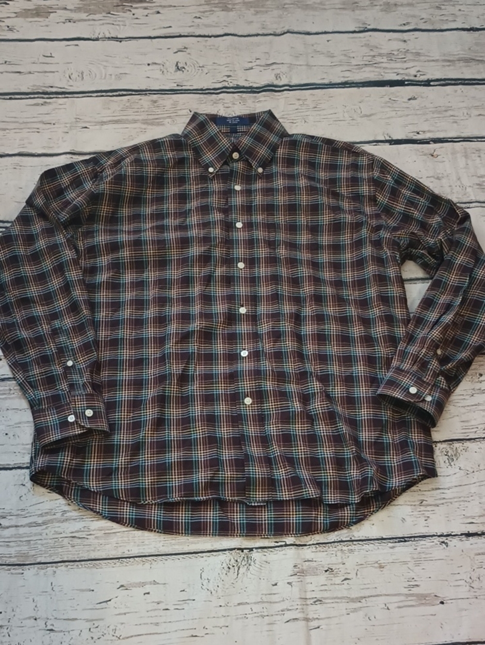 Alan Flusser Brown Teal Plaid Cotton Long Sleeve Button Up Shirt L